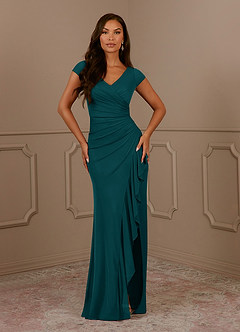Azazie Roya Mother of the Bride Dresses Peacock Mermaid V-Neck Pleated Mesh Dress image2
