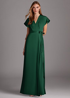 Azazie Nico Bridesmaid Dresses Dark Green A-Line V-Neck Stretch Satin Dress image1