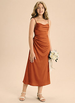 Azazie Mai Junior Skede Plisseret Stræk satin Te-længde Junior brudepige Kjole image5