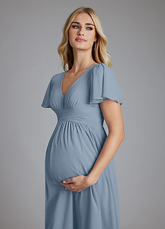 Azazie Verna vestidos de dama de honor de maternidad Vestido de Corte en A Cuello en V fruncido Hasta el suelo Gasa image5