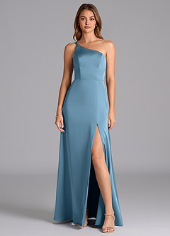 Azazie Trina Final Sale Steel Blue A-Line One Shoulder Stretch Satin Dress image3