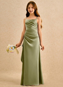 Azazie Cannoli Girls Formal Robe Demoiselle D'honneur Fillette Robe Trapèze en Mat Satiné Plissée Vert Mousse image5