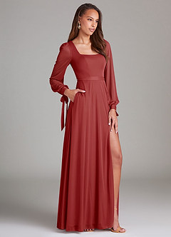 Azazie Leonia Bridesmaid Dresses Rust A-Line Long Sleeve Mesh Dress image3