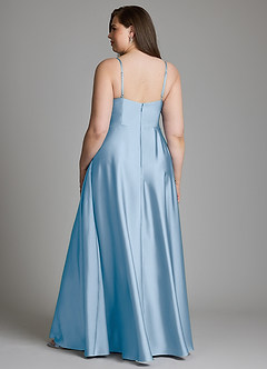 Azazie Amani At-home Try On Dresses Dusty Blue A-Line Pleated Stretch Satin Dress image7