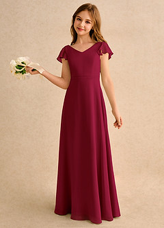 Azazie Nari Junior Formal Flower Girl Dresses Burgundy A-Line with Sleeves Chiffon Dress image1