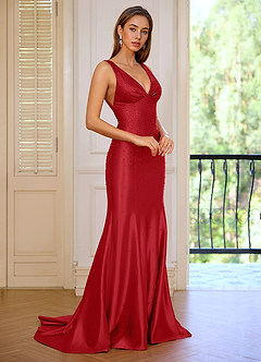 Marina Rot Meerjungfrauen-Abendkleid mit tiefem V-Ausschnitt und Falten image5