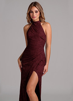 Azazie Jemma Bridesmaid Dresses Cabernet A-Line Pleated Floral Burnout Dress image2