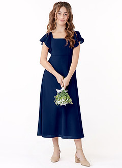 Azazie Bondi Junior Vestido de Azul Marino Oscuro de Gasa de Corte en A con Volante image1