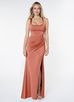 Azazie Mero Vestidos de madrinha de casamento Vestido Rosa Salmão de Cetim elástico de sereia com Plissado image1