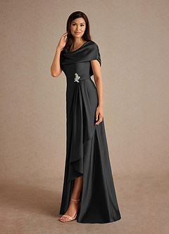 Azazie Branford Mother of the Bride Dresses Black A-Line Pleated Stretch Satin Dress image2