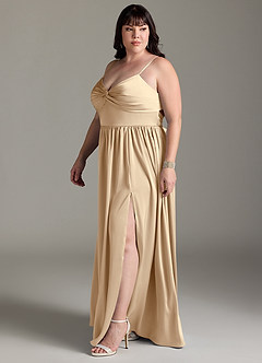 Azazie Zeya Bridesmaid Dresses Champagne A-Line Pleated Stretch Satin Dress image13