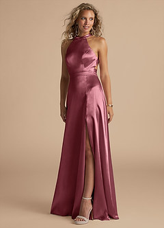 Azazie Clarice Brautjungfernkleider A-Linie Hoher Kragen Metallischer Satin Kleid Wüstenrose image1