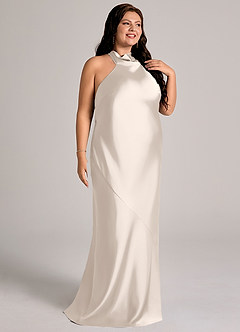 Azazie Velli Vestidos de damas de honor Vestido Alabastro Blanco de Satén Elástico de Corte Sirena con Cuello alto image11