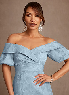 Azazie Golda Mother of the Bride Dresses Sky Blue Sheath Off the Shoulder Floral Burnout Dress image5