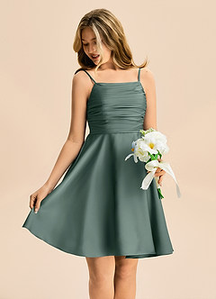 Azazie Miko Junior Sea Moss A-Line Pleated Stretch Satin Dress image4
