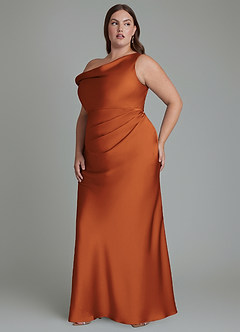 Azazie Emerson Bridesmaid Dresses Cinnamon Mermaid Off the Shoulder Stretch Satin Dress image11