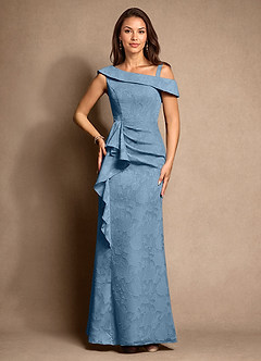 Azazie Hamptons Abiti per la Madre della Sposa Abito A-Line in Burnout Floreale Plissettato Blu Acciaio image6
