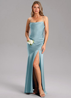 Azazie Grata Robes de demoiselle d'honneur Robe Fourreau en Satin extensible Fente Latérale Bleu Maussade image1