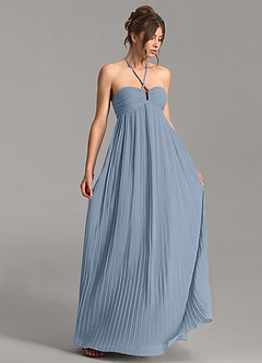 Azazie Addison At-home Try On Dresses Dusty Blue Empire Sweetheart Neckline Chiffon Dress image1