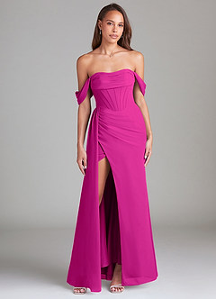 Azazie Amyra Bridesmaid Dresses Fuchsia Sheath Off the Shoulder Chiffon Convertible Dress image1