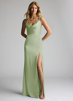 Azazie Elida Bridesmaid Dresses Dusty Sage Sheath Pleated Stretch Satin Dress image1