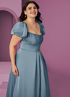 Barbie ♥ Azazie Robes de demoiselle d'honneur Robe Trapèze en Satin extensible Rayé Bleu Poussiéreux image10