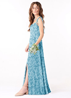 Azazie Rosey Junior Robe Trapèze en Mousseline de soie Encolure en Forme de Cœur Fougère Bleue Florale image3