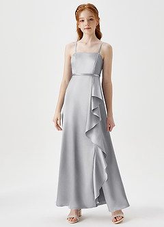 Azazie Kaylee Junior Silver A-Line with Belt Metallic Satin Dress image1