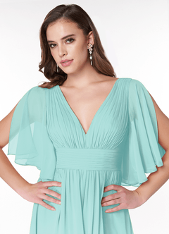 Azazie Temeka Bridesmaid Dresses Aqua A-Line Ruched Chiffon Dress image6