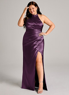 Azazie Jemma Bridesmaid Dresses Plum Sheath Pleated Metallic Satin Dress image8