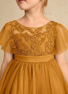 Azazie Queenie Robe Demoiselle D'honneur Fillette Robe Trapèze en Dentelle Caramel écossais image4