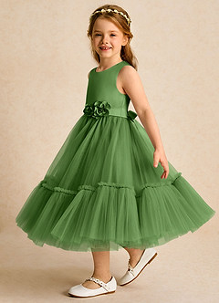 Azazie Miracle Abiti da Ragazza di Fiori Abito A-Line in Raso Opaco Fiocco Basilico image3
