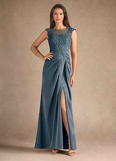 Azazie Santa Barbara Mother of the Bride Dresses Twilight Sheath Pleated Stretch Satin Dress image1