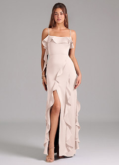 Azazie Malia 신부 들러리 드레스 A라인 사이드 슬릿 스트레치 새틴 바닥 길이 드레스 image3