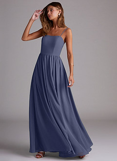Azazie Calianna Robes de demoiselle d'honneur Robe Trapèze Convertible en Mousseline de soie Épaule décolletée Bleu Orageux image3