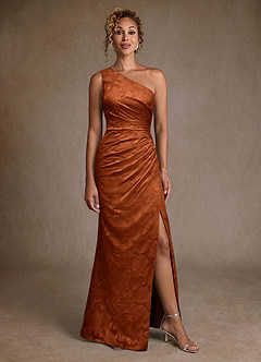 Azazie Joylin Mother of the Bride Dresses Burnt Orange Trumpet One Shoulder Floral Burnout Dress image4
