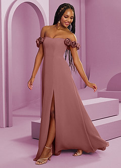 Barbie ♥ Azazie Suknie dla druhen Rozkloszowana szyfonowa sukienka z odkrytymi ramionami i kwiatowymi rozetkami image7