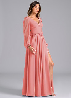 Azazie Zeya Bridesmaid Dresses Coral A-Line Long Sleeve Chiffon Dress image3