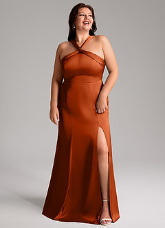 Azazie Rue Bridesmaid Dresses Burnt Orange A-Line Pleated Stretch Satin Dress image11