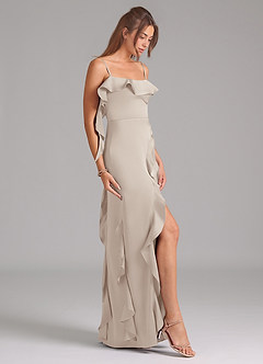 Azazie Malia Robes de demoiselle d'honneur Robe Trapèze en Satin extensible Fente Latérale Givre image5