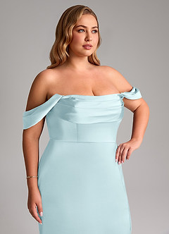 Azazie Saige Bridesmaid Dresses Cloud Blue Sheath Off the Shoulder Stretch Satin Dress image14