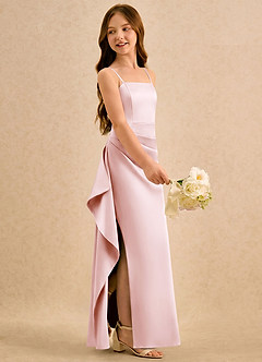 Azazie Cannoli Girls Formal Sukienki dla dziewczynek sypiących kwiaty Linia A Pofałdowany Satyna elastyczna Długość podłogi Sukienka image4