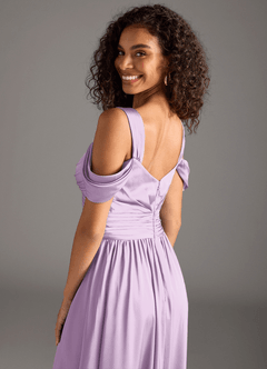Azazie Lianne Bridesmaid Dresses Frosted Lilac A-Line Off the Shoulder Stretch Satin Dress image10