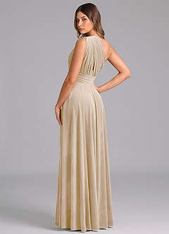 Azazie Charlize Bridesmaid Dresses Champagne A-Line One Shoulder Velvet Dress image2