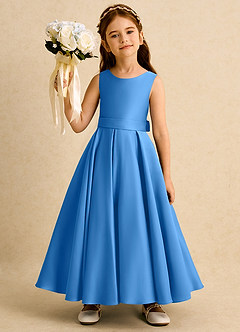 Azazie Mapel vestidos de niña de las flores Vestido de Azul Grisaceo de Satin Mate de Princesa con Plisado image4