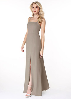 Azazie Jay Bridesmaid Dresses Taupe A-Line Square Neckline Side Slit Chiffon Dress image4