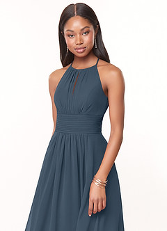 Azazie Bonnie Brautjungfernkleider A-Linie Schlüsselloch Gerüscht Chiffon Kleid Neptunblau image5
