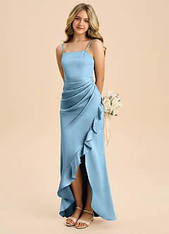 Azazie Buzzy Junior Steel Blue Sheath Pleated Stretch Satin Dress image1