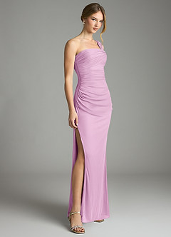 Azazie Tati Final Sale Candy Pink Sheath Off the Shoulder Mesh Dress image3