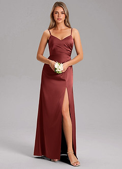 Azazie Azuree Robes de demoiselle d'honneur Robe Trapèze en Satin extensible Plissé Terracotta image3